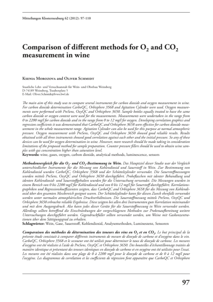 Comparison of different methods for O2 and CO2 measurement in wine