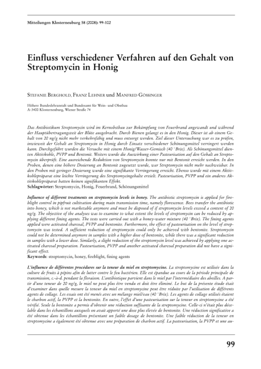 Einfluss verschiedener Verfahren auf den Gehalt von Streptomycin in Honig