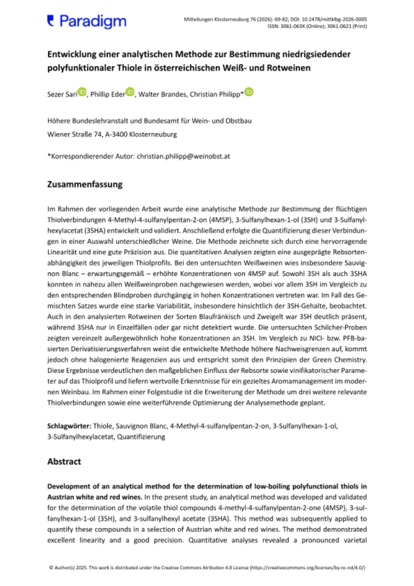 Entwicklung einer analytischen Methode zur Bestimmung niedrigsiedender  polyfunktionaler Thiole in österreichischen Weiß- und Rotweinen 