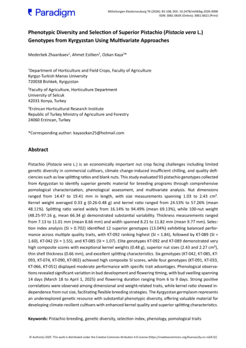 Phenotypic Diversity and Selection of Superior Pistachio (Pistacia vera L.)  Genotypes from Kyrgyzstan Using Multivariate Approaches 