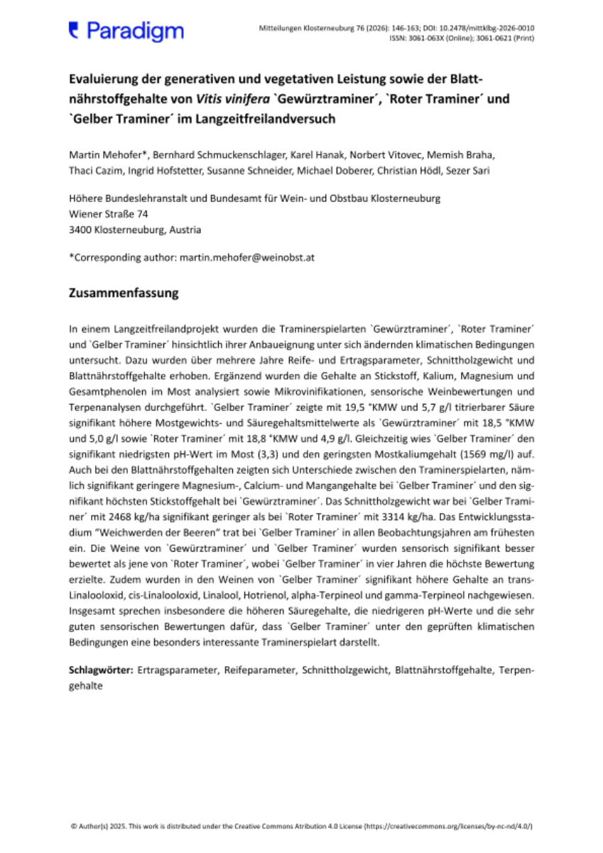 Evaluierung der generativen und vegetativen Leistung sowie der Blatt-nährstoffgehalte von Vitis vinifera `Gewürztraminer´, `Roter Traminer´ und `Gelber Traminer´ im Langzeitfreilandversuch